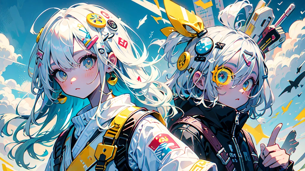 akira toriyama style、"cute, beautiful, Adorable girl in white clothes, yellow, Baby blue color scheme, Fashionable hats, rock、Comes with decorative accessories such as hair clips, beautiful見た目, Floating in the sky, Fantastic depiction, Sky