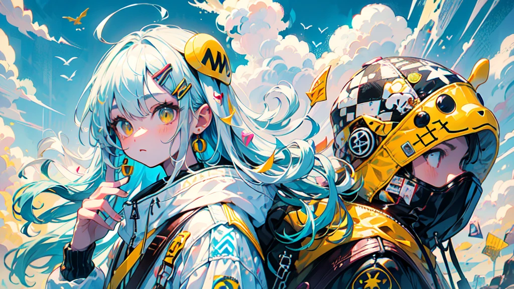 akira toriyama style、"cute, beautiful, Adorable girl in white clothes, yellow, Baby blue color scheme, Fashionable hats, rock、Comes with decorative accessories such as hair clips, beautiful見た目, Floating in the sky, Fantastic depiction, Sky
