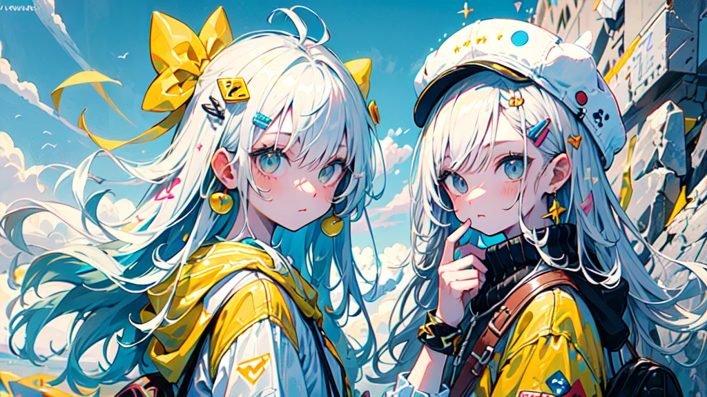 akira toriyama style、"cute, beautiful, Adorable girl in white clothes, yellow, Baby blue color scheme, Fashionable hats, rock、Comes with decorative accessories such as hair clips, beautiful見た目, Floating in the sky, Fantastic depiction, Sky
