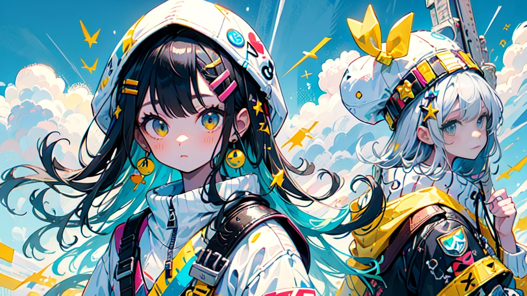 akira toriyama style、"cute, beautiful, Adorable girl in white clothes, yellow, Baby blue color scheme, Fashionable hats, rock、Comes with decorative accessories such as hair clips, beautiful見た目, Floating in the sky, Fantastic depiction, Sky
