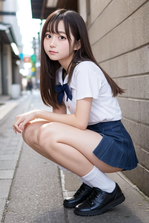 Japanese high school girl, , gal makeup, light hair color, semi-long, super mini skirt, squatting pose, looking up from below。
Excluding underwear。