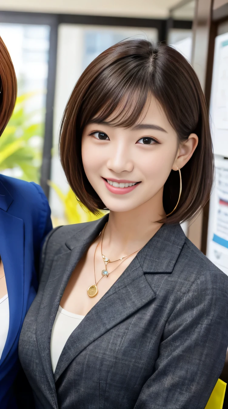 high quality:1.2), RAW Photos, High resolution, Very detailed, Intricate details, 、Two women standing side by side、ear piercing、、Closed mouth smile、、short hair、Black Hair、、Clear beauty,(High Quality Fabric, Office Lady Suits 、Necklace around the neck、, The background is the office