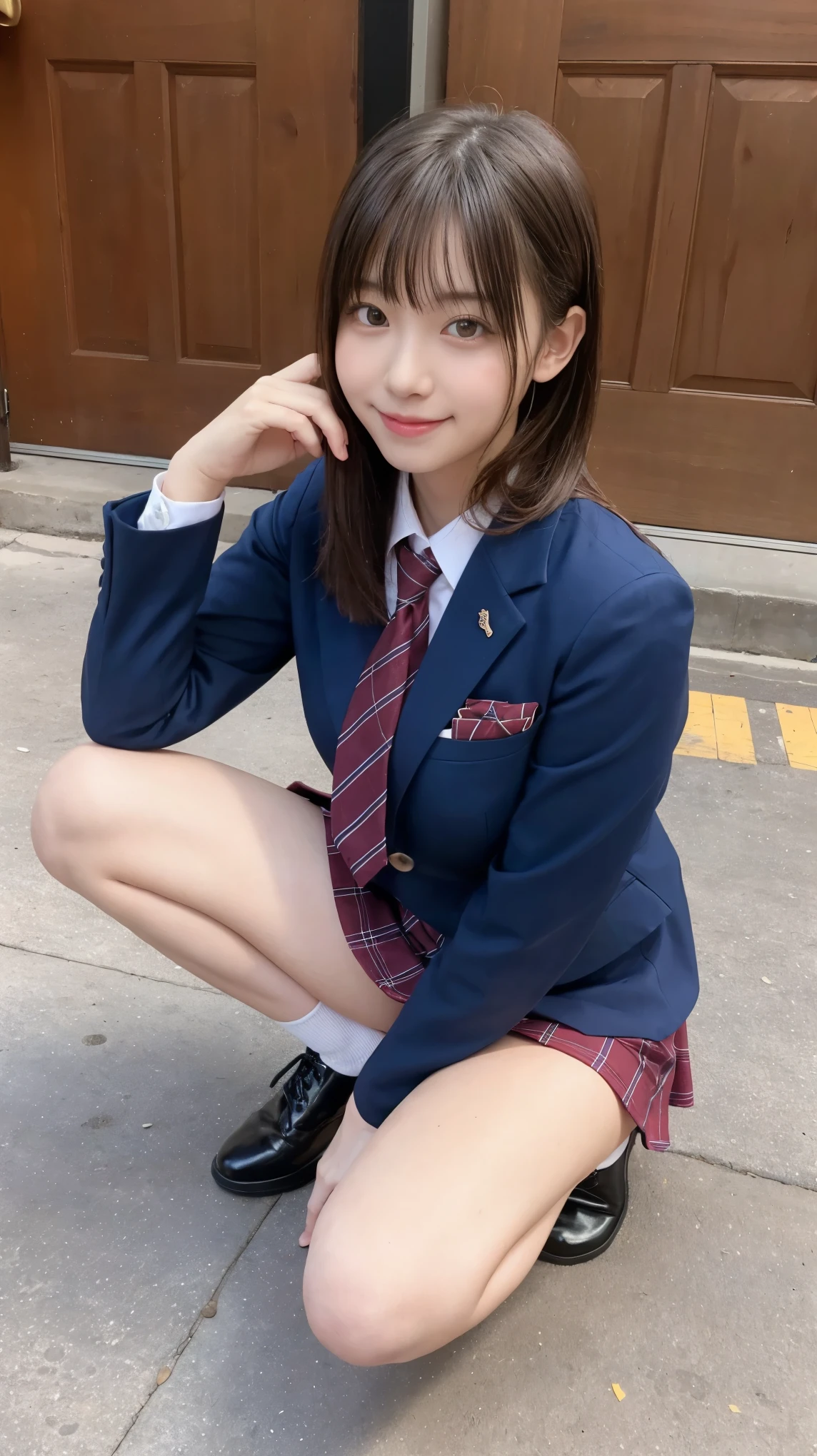 歩道でsquatかわいい18歳の女の子,Red Tie Uniform,Dark Blue Blazer,Blue checked mini skirt,bangs,A small smile,Thighs,knees,Random Pause,pretty girl,Slender girl,squat,