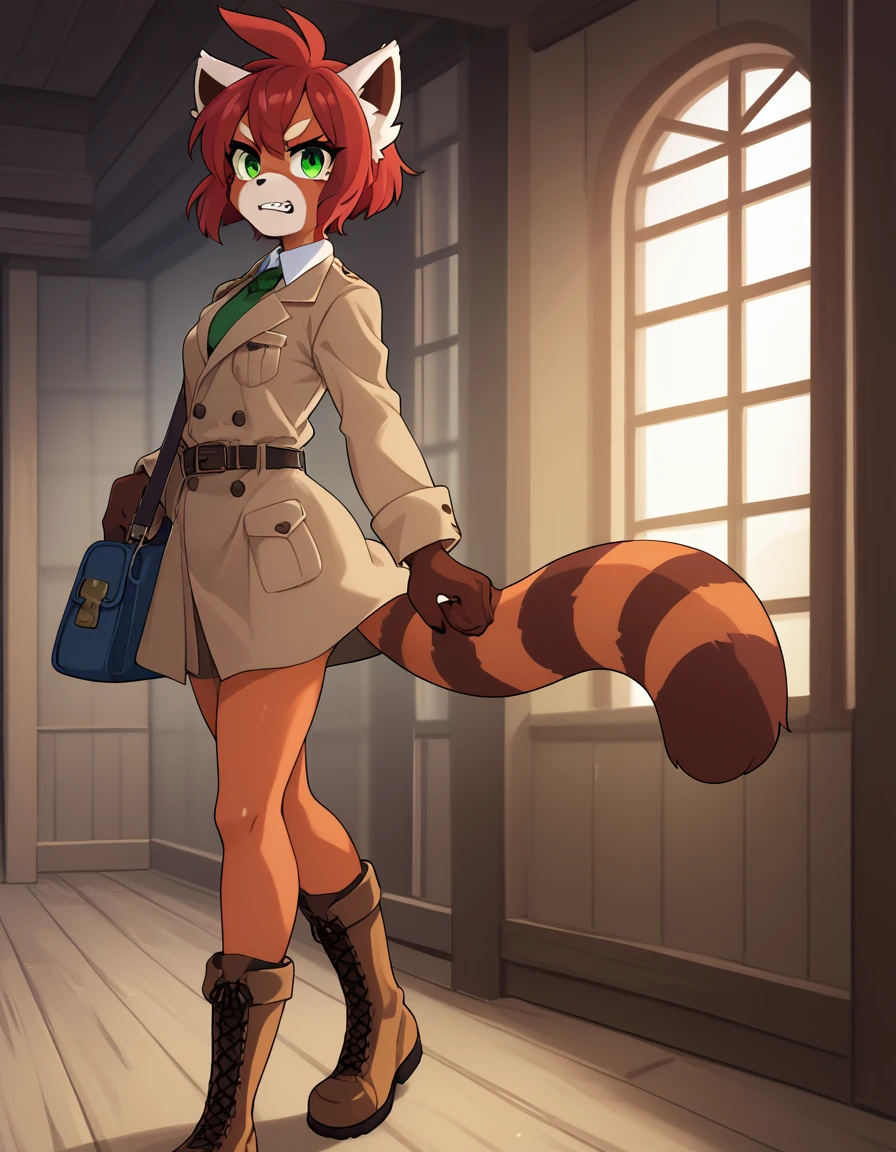 Solo, Score_9, score_8_up, score_7_up, kemono style, Kimiko, An Anthro furry red panda girl, red furry body, red panda tail, , black nose, red hair, braided hair, grinning with teeth, opened dress shirt , brown pants form fitting, satchel around hip leather, short cut combat boots, metal plating on boots, bracers with metal plating on wrist, wooden fantasy town, warm lighting, inside, front angle, impish smirk, majestic, front view, emerald green eyes, looking forward, long legs, athletic toned arms and legs, ass jiggle, athletic toned ass, long coat to legs, trench coat, walking towards viewer, determined.