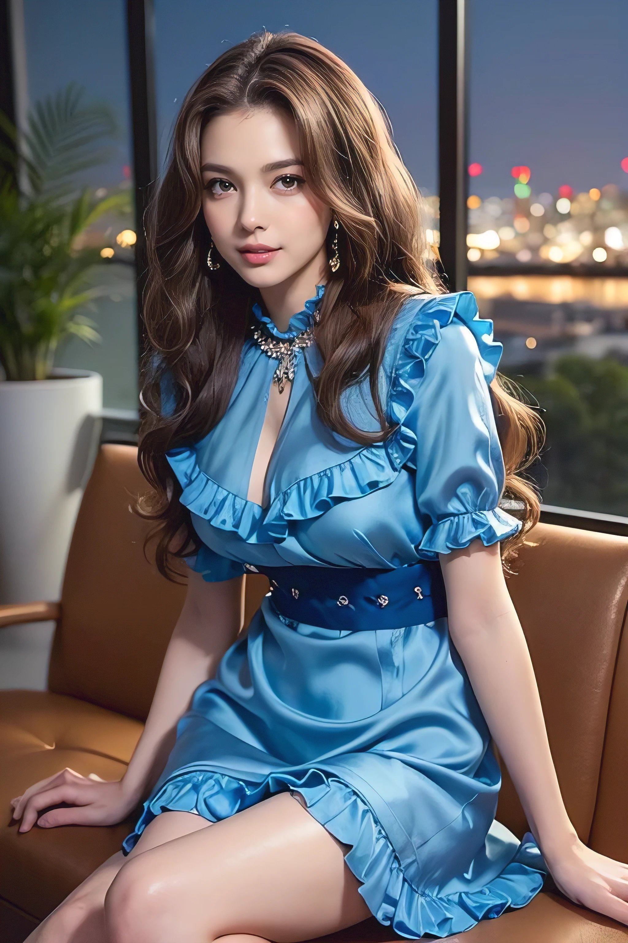 (masterpiece:1.3), high resolution, ultra detailed, extremely detailed CG unity 8k wallpaper, realistic, photo-realistic, RAW photo, beautiful detailed face, pale skin, realistic glistening skin, detailed cloth texture, detailed hair texture, Perfect body, Beautiful Face, accurate, Anatomically correct, Highly detailed face and skin texture, natural neck length, (beautiful hands), (fair skin:1.2), Thin legs, Thin feet, Detailed eyes, symmetric eyes, Light Brown eyes, Double eyelids, Thin eyebrows, (Glossy lips:1.4), ((gently smile:1.2)), (blush:1.1), (A Classy and Cute girl:1.3),fullbody shot、((Super long brown hair with loose waves inside,reaching down to the waist:1.5))、blue necklace_Large earrings,((luxurious blue silk frilled minidress:1.3)), ((中くらいの乳:1.5))))((standing gracefully:1.5))((sitting on a chair, night view terrace background:1.3))