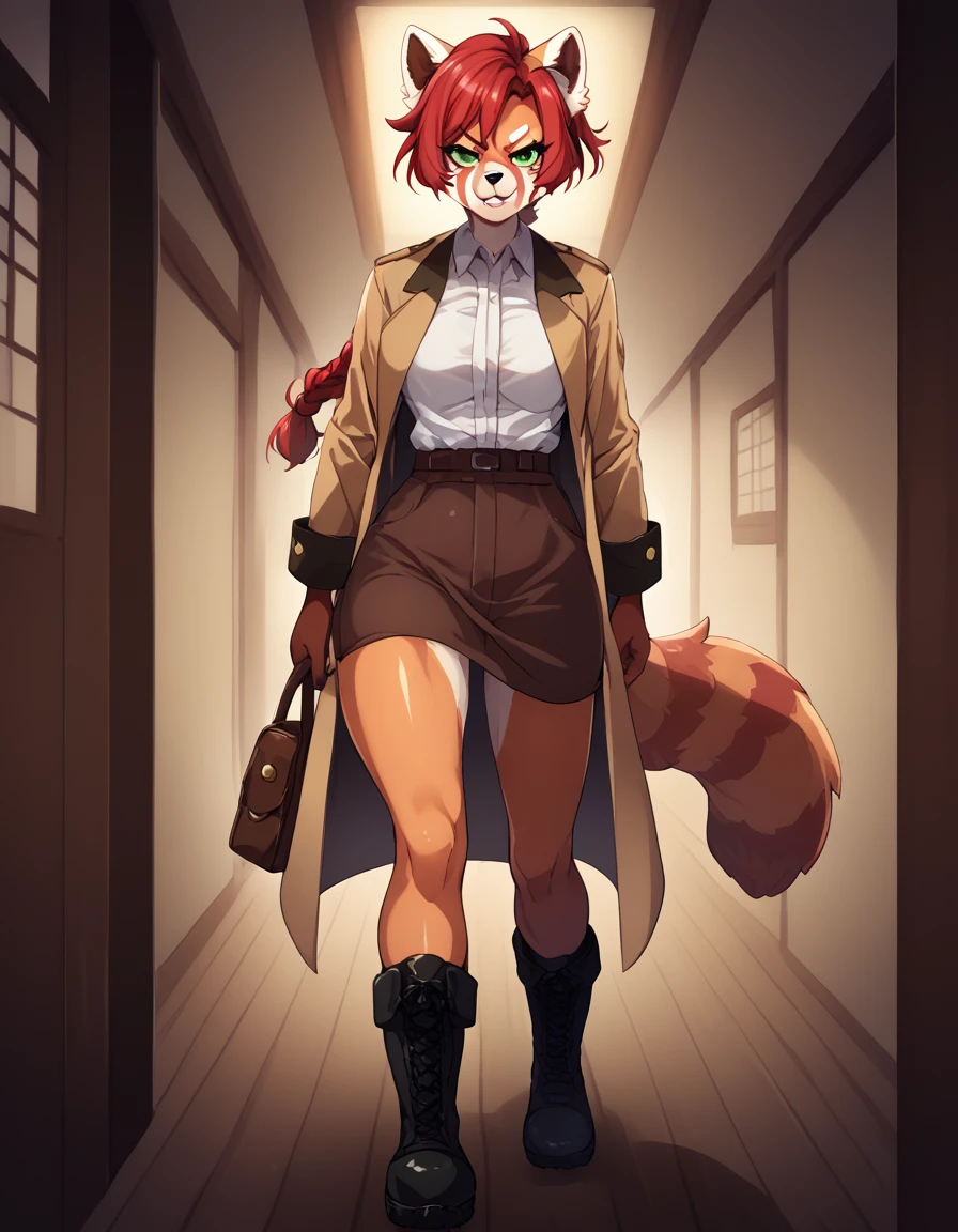 Solo, Score_9, score_8_up, score_7_up, kemono style, Kimiko, An Anthro furry red panda girl, red furry body, red panda tail, , black nose, red hair, braided hair, grinning with teeth, opened dress shirt , brown pants form fitting, satchel around hip leather, short cut combat boots, metal plating on boots, bracers with metal plating on wrist, wooden fantasy town, warm lighting, inside, front angle, impish smirk, majestic, front view, emerald green eyes, looking forward, long legs, athletic toned arms and legs, ass jiggle, athletic toned ass, long coat to legs, trench coat, walking towards viewer, determined.