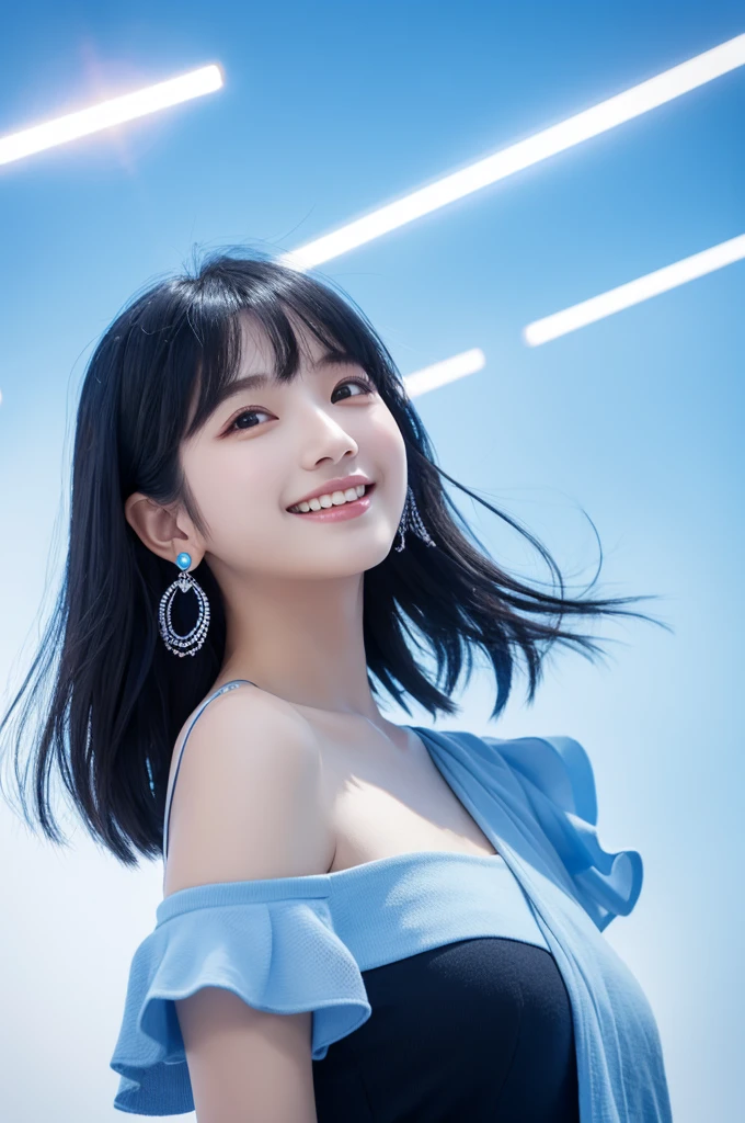 Girl wearing small blue sample earrings, blue sky, Half Body Chute, Korean, K-Pop, Smile, group, White skin, Black Hair, jewelry, Commercial Advertising, White Background, Laser Gradient Background, Subsurface Scattering Effects