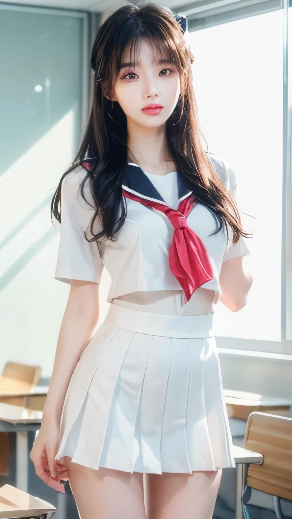 (8K, RAW photos, Reality:1.25) ,( Lip Gloss, eyelash, Glossy surface, Smooth skin, best quality, Ultra-high resolution, Depth of Field, Chromatic Aberration, Caustics, Broad lighting, Natural shade,Korean Idol) Looking at the audience with calm and goddess-like happiness, High school classroom, Sailor Suit, mini skirt,photograph,