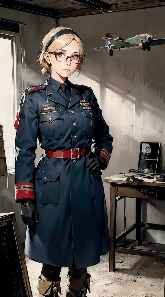 1girl holding a screwdriver, in a very sexy pose, in a huge and very messy and dirty room, looking at the camera, camouflage clothing, with lots of detail and lots of dirt on the table a .50 sniper with some ammunition scattered, extremely beautiful and delicate dirty face, she works in this huge room.　, 1girl, solo, short hair, skirt, blonde hair, red eyes, gloves, ponytail, weapon, pantyhose, hairband, boots, holding weapon, gun, black pantyhose, rifle, one knee, sniper rifl
(intricate:1.1), (dark blue theme:1.1), (dark blue tone:1.1), (grey tone:1.1), illustration, (anime coloring:1.1),  modest, remote shooting, detailed beautiful delicate face, Detailed beautiful delicate eyes, perfect facial proportions, High definition skin, thin skin, best four inch aspect ratio. With a thumb, a masterpiece, highy detailed, Realistic, (German World War II general uniform reference : 1.8), the highest facial resolution, , mulher modestmente vestida, fully dressed, ( mic, blackquality hair, black bangs straight, super thin braids, bangs straight, Red glasses, dark green eye, science fiction, Fighter aircraft, standing On the landing of a Fighter aircraft, the agency, a deeply intelligent personality, A calm expression, a respectful face, a war, a Fighter aircraft　BIGHIP　bigass　FUCKOFF　FUCKFUCKFUCK