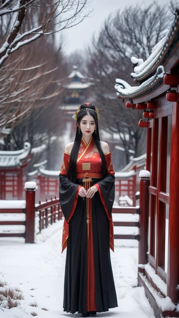 Best quality, tmasterpiece, A high resolution,8K,(realistically:1.4),超A high resolution,1 girl,(black transparent, lace panties),(Ultra-realistic skin mapping), ultra - detailed, hyper realisitc, Very detailed CG illustration, offcial art, movie lighting, actual, Young and beautiful girl, perfect body figure, perfect body figure, full pov, perfect body figure,Enjoy the expressions,(Starting below:1.3), lacivious pose, long sexy legs, Self-confident, Beautiful Sexy, (Gorgeous Chinese Hanfu,short shoulder,S body posture, face flushed, Chapped lips, view the viewer , Semi-body shot , (fur-edged cloak) ,(Ancient Chinese pavilions),It snowed heavily,The ground is covered with snow,