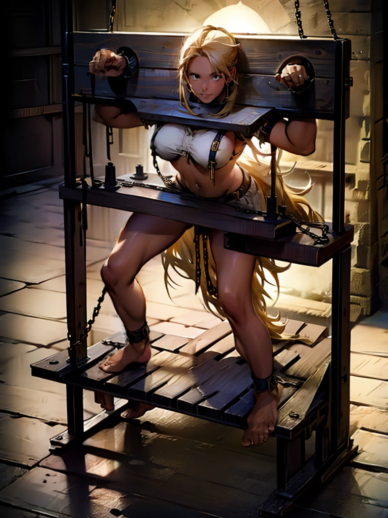 33 year old woman man,beard,blond hair, Long Hair，muscle，anger, loincloth, In a cage, slave, Chained, good looking, Facial blemishes, Squeeze the face, Red eyes, Two hands, Tattoo on the forehead, many chains, Chained on neck, 