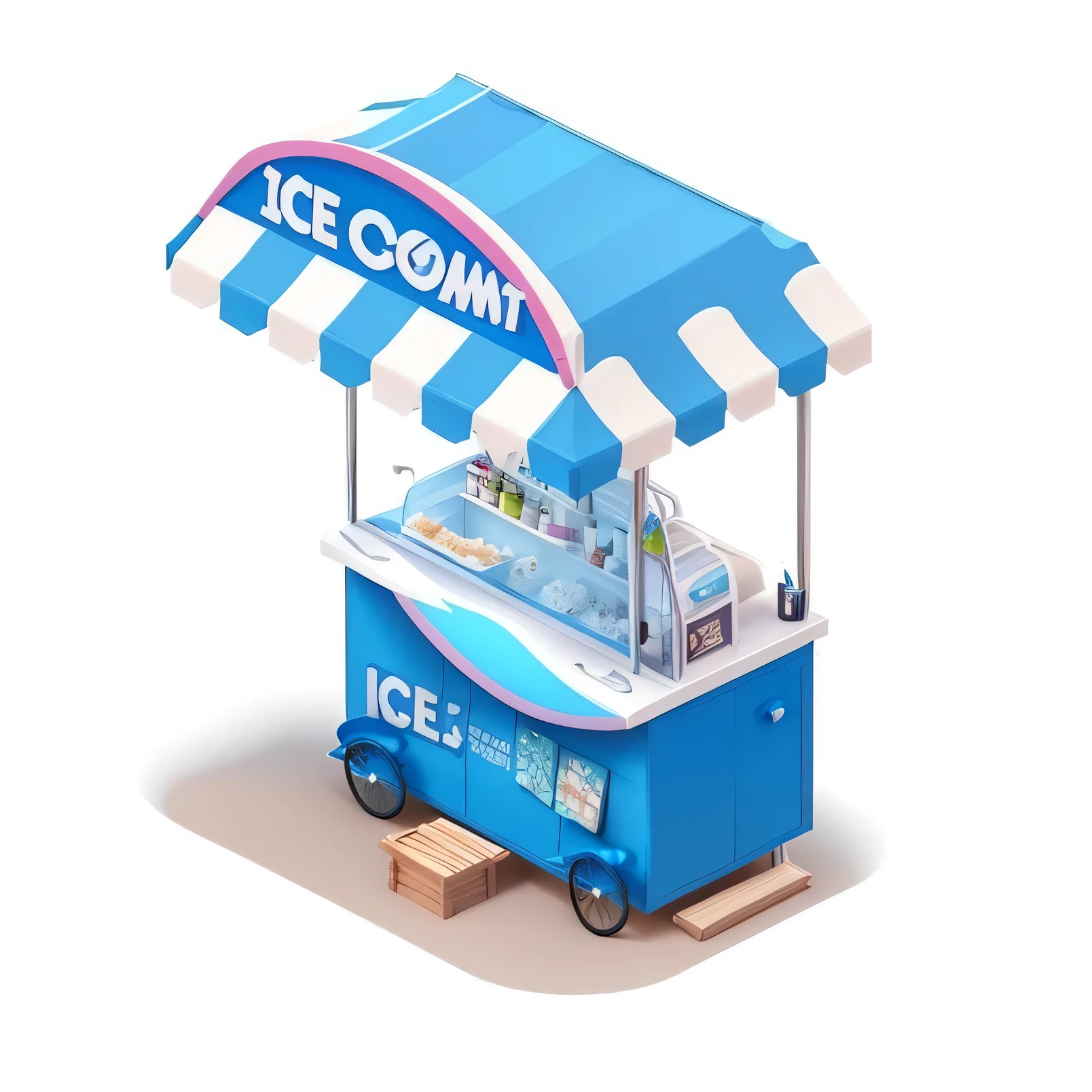 a cartoon ice cream cart with a canopy on top, ice cream, Isometric style, Isometric, prerendered Isometric graphics, Isometric illustration fun, 3d Isometric, 3 d Isometric, Isometric illustration, Isometric 3d, Isometric 3 d, not Isometric, ice cream on the side, Isometric design