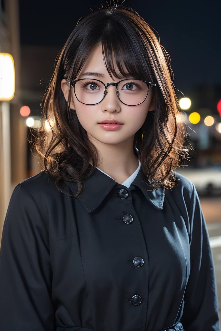(8k、RAW Photos、Highest quality、masterpiece:1.2)、(Realistic、Photorealistic:1.37)、Ultra-detailed、Ultra-high resolution、1 girl、Seeing the viewer、Beautifully detailed face、Laughter、narrow、(Narrow waist) :1.3)、Chic autumn clothes、Beautifully detailed skin、Skin Texture、Floating Hair、((Curly Hair, Quirky hairstyle, Ahoge))、Professional Lighting、In front of the station at night、((Black square glasses ))、Human whole body、Brown Hair
