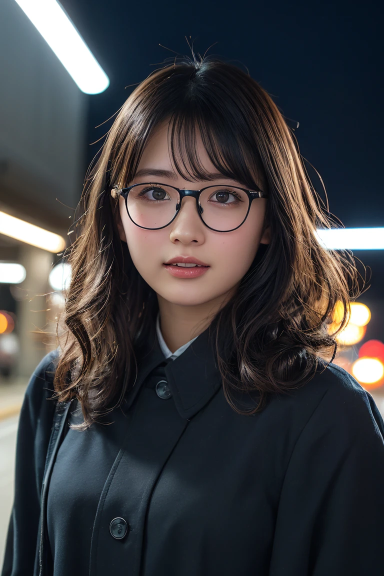 (8k、RAW Photos、Highest quality、masterpiece:1.2)、(Realistic、Photorealistic:1.37)、Ultra-detailed、Ultra-high resolution、1 girl、Seeing the viewer、Beautifully detailed face、Laughter、narrow、(Narrow waist) :1.3)、Chic autumn clothes、Beautifully detailed skin、Skin Texture、Floating Hair、((Curly Hair, Quirky hairstyle, Ahoge))、Professional Lighting、In front of the station at night、((Black square glasses ))、Human whole body、Brown Hair