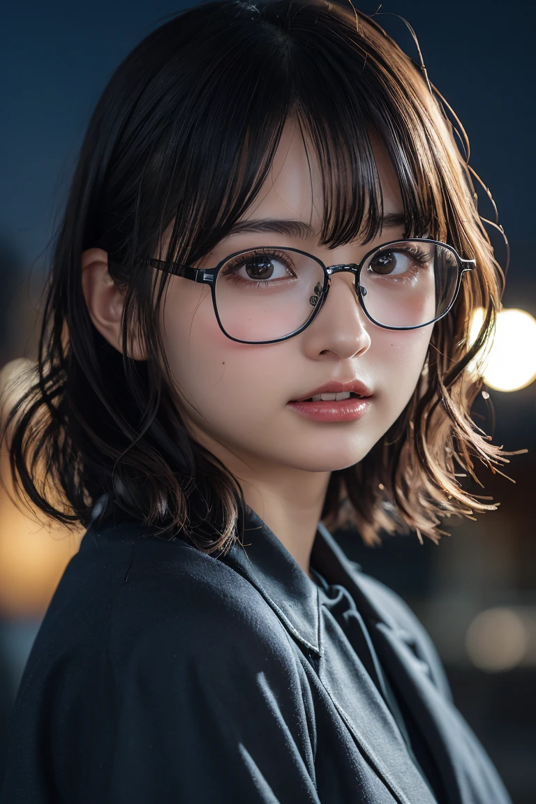 (8k、RAW Photos、Highest quality、masterpiece:1.2)、(Realistic、Photorealistic:1.37)、Ultra-detailed、Ultra-high resolution、1 girl、Seeing the viewer、Beautifully detailed face、Laughter、narrow、(Narrow waist) :1.3)、Chic autumn clothes、Beautifully detailed skin、Skin Texture、Floating Hair、((Curly Hair, Quirky hairstyle, Ahoge))、Professional Lighting、In front of the station at night、((Black square glasses ))、Human whole body、Brown Hair