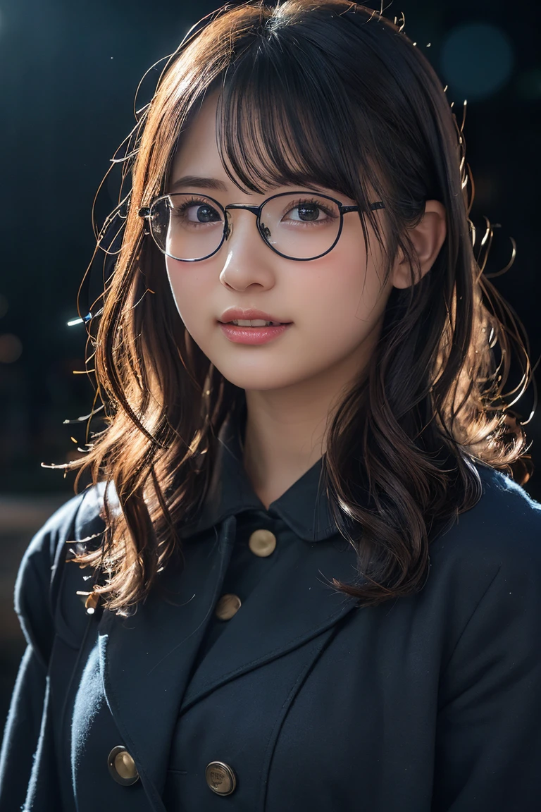 (8k、RAW Photos、Highest quality、masterpiece:1.2)、(Realistic、Photorealistic:1.37)、Ultra-detailed、Ultra-high resolution、1 girl、Seeing the viewer、Beautifully detailed face、Laughter、narrow、(Narrow waist) :1.3)、Chic autumn clothes、Beautifully detailed skin、Skin Texture、Floating Hair、((Curly Hair, Quirky hairstyle, Ahoge))、Professional Lighting、In front of the station at night、((Black square glasses ))、Human whole body、Brown Hair