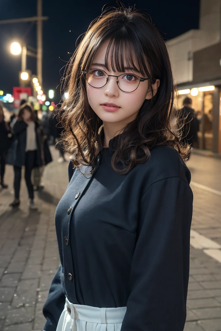 (8k、RAW Photos、Highest quality、masterpiece:1.2)、(Realistic、Photorealistic:1.37)、Ultra-detailed、Ultra-high resolution、1 girl、Seeing the viewer、Beautifully detailed face、Laughter、narrow、(Narrow waist) :1.3)、Chic autumn clothes、Beautifully detailed skin、Skin Texture、Floating Hair、((Curly Hair, Quirky hairstyle, Ahoge))、Professional Lighting、In front of the station at night、((Black square glasses ))、Human whole body、Brown Hair
