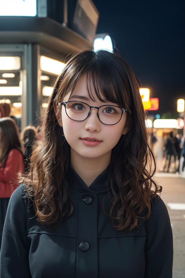 (8k、RAW Photos、Highest quality、masterpiece:1.2)、(Realistic、Photorealistic:1.37)、Ultra-detailed、Ultra-high resolution、1 girl、Seeing the viewer、Beautifully detailed face、Laughter、narrow、(Narrow waist) :1.3)、Chic autumn clothes、Beautifully detailed skin、Skin Texture、Floating Hair、((Curly Hair, Quirky hairstyle, Ahoge))、Professional Lighting、In front of the station at night、((Black square glasses ))、Human whole body、Brown Hair