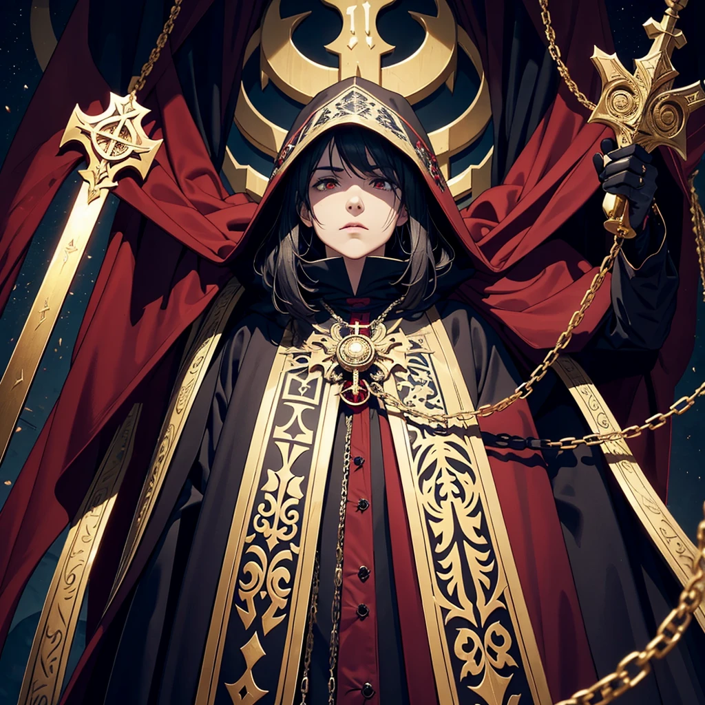 Robes of the Apostles of the Vampire Religion Ceremonial Robes: Farbe: The old man, gentleman dressed in robes is predominantly black, symbolizing the connection with darkness and the mystery of vampires. Details of dark red or burgundy, representing blood and life, adorn the edges and sleeves. Material: Made of luxurious fabrics such as silk or velvet, to give a sense of wealth and power. Farbete: Long and flowing, reaching the floor, with wide sleeves that open in a bell shape, allowing for graceful and imposing movements during ceremonies. Hooded cloak: Hooded cloak: A wide hood that can partially cover the face, adding an air of mystery and reverence. The inside of the hood is lined with red fabric, visible when the hood is worn. Details: The cloak is fastened at the shoulder with brooches in the shape of bats or stylized crosses, symbols associated with vampires. Adornments and accessories: Necklaces: Heavy necklaces with pendants in the shape of vampire teeth, drops of blood, or small vials containing red liquid, symbolizing the essence of life and submission to vampiric power. Belts: Dark leather belts with ornate buckles, in which the apostles may carry small sacred books, amulets, or ritual tools. Gloves: Gloves of fine leather or black lace, to add a touch of elegance and mystery. Insignia and emblems: Symbols: Each apostle wears an insignia embroidered in silver or gold on their chest or cloak, representing their position within the religious hierarchy. The symbol may be an inverted cross with bat wings, a chalice filled with blood, or a crescent moon. Clues: Satin or silk clues on the chest, with inscriptions or runes in the ancient language of the vampires, indicating the apostle's title and order. Ceremonial Masks: Design: In certain ceremonies, the apostles may wear stylized masks of silver or black metal, with delicate features that resemble pale, immortal faces. The masks cover the eyes and nose, leaving only the mouth visible.
