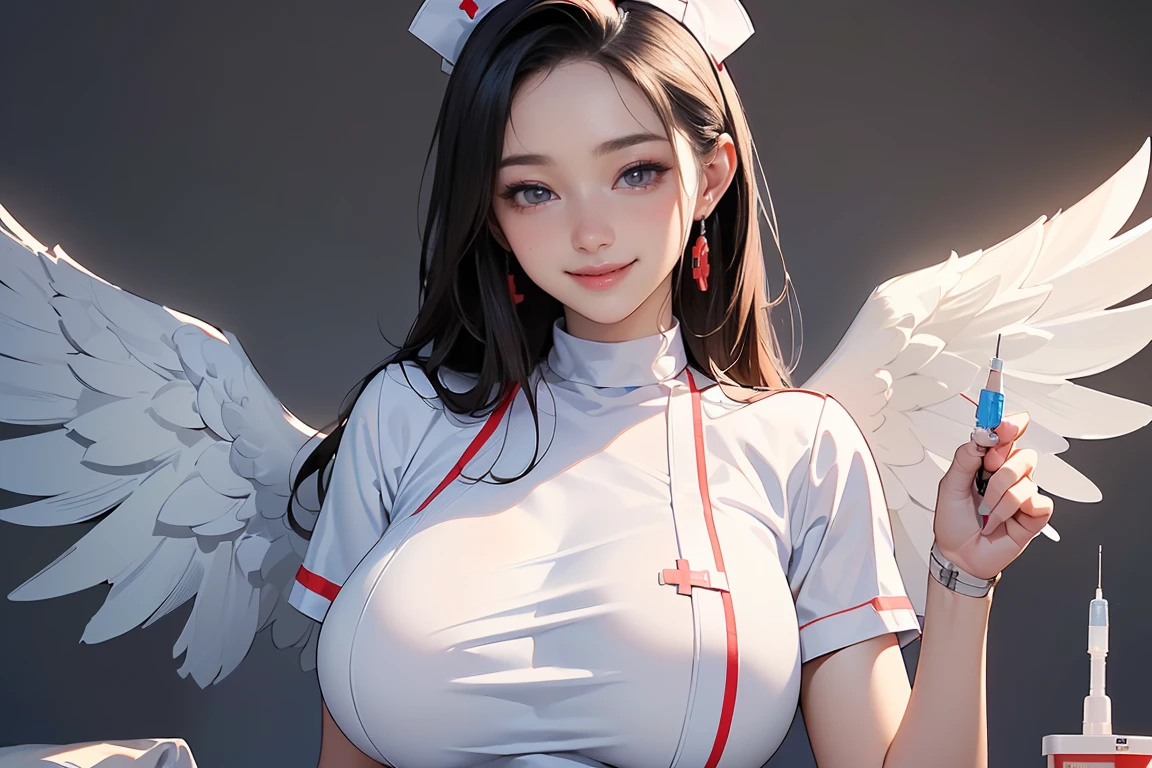 ((Masterpiece, top quality, high resolution, highly detailed CG unified 8K wallpaper)), (huge stunning goddess shot, very hot and sexy, jaw-dropping beauty, perfect proportions, beautiful body, slim body beauty:1.3), (Three nurse:1.3), (Wearing a white nurse's uniform, holding a large syringe, and smiling like an angel:1.5),