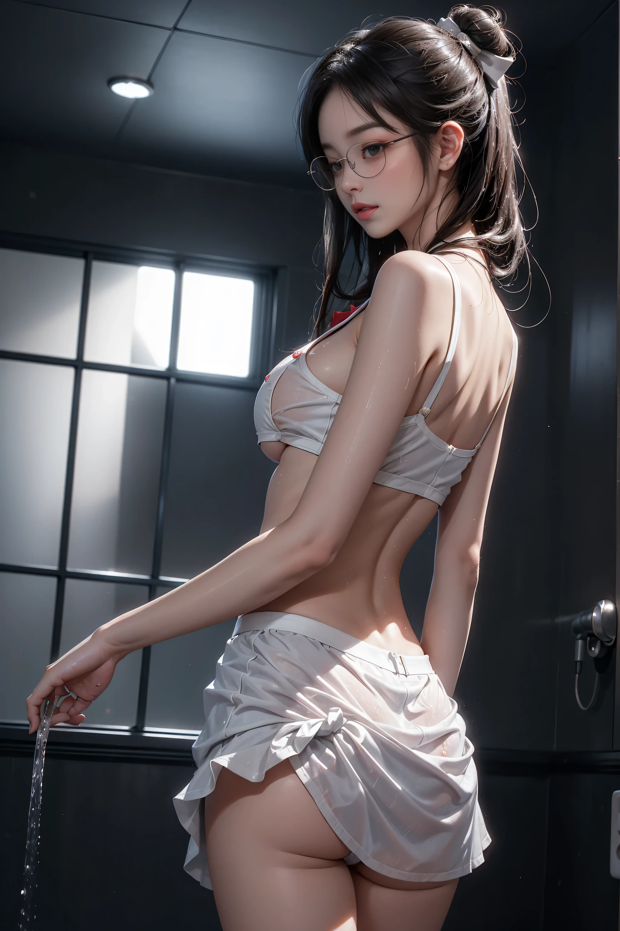 （(Girl Standing In Bathroom)）、((Rear view))、((look back))、Highest quality works、Actual work、Ultra Premium Graphics、8K HD CG Works、High quality graphics、High-definition CG works、10x pixels、Extremely fine detail：1.1、Advanced technical details：1.1 Photorealistic、Indoor Lighting Effects：1.5、Natural light：1.5。Lighting Effects（Virtual Lighting Effects：1.8），Long silver hair（(Eyes closed)），Thin eyebrows，High nose，Clean red lips，Rose Cheeks，Subtle makeup face，Cute Face，Perfectly balanced face，（Girl），A light-toned foundation enhances the clarity of your skin.。 ((High school girl standing in the shower room)),((Translucent wet white blouse、Red bow tie、Navy blue checked skirt)). 40k, photograph, Tabletop, Highest quality, Rain Background, ((Gorgeous wet light haired girl with beautiful eyes1 person, She has a beautiful face and))、((Wear glasses, ))。White skin, Mr.々A pose. ((Medium sized chest,:1.1)), Highest quality, Tabletop, Ultra-high resolution, (Real:1.4), RAWphotograph, (Perfect figure), (slim:1.3), Slim abdomen, Perfect slim figure, Dynamic Pose, (((Large :0. 9))、one person、Cold light 12000K、Highly detailed face and skin texture、Fine grain、Realistic eyes、Beautiful fine grain、(Real skin)、charm、Ultra-high resolution、surreal、Very detailed、((Soaking wet))、1 girl、(Light on face and chest)、(((((underboob)))))、Lower chest、Oily skin、Are thin、(The underside of the chest is slightly visible)、(I can see under my chest、Belly button and ribs visible)、The hips and lower abdomen are visible、((Pull up your skirt))、((White panties are visible))、