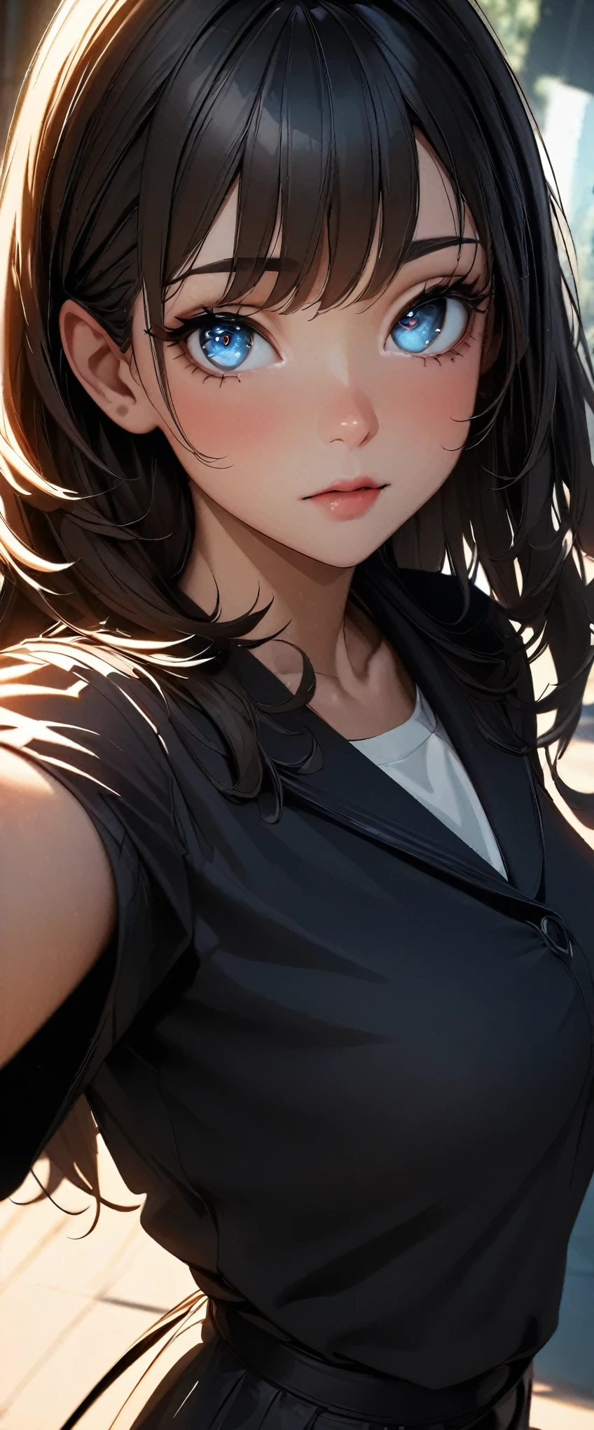 (high quality, 8k, 4K, High Contrast, masterpiece:1.2, 最high quality, Best aesthetics), 1 female, (Realistic skin texture:1.3), (Film Grain:1.3), (Selfie angle, High Angle), One Girl, Beautiful and detailed eyes and face, 最high quality, close, Face Up Shot:1.4,