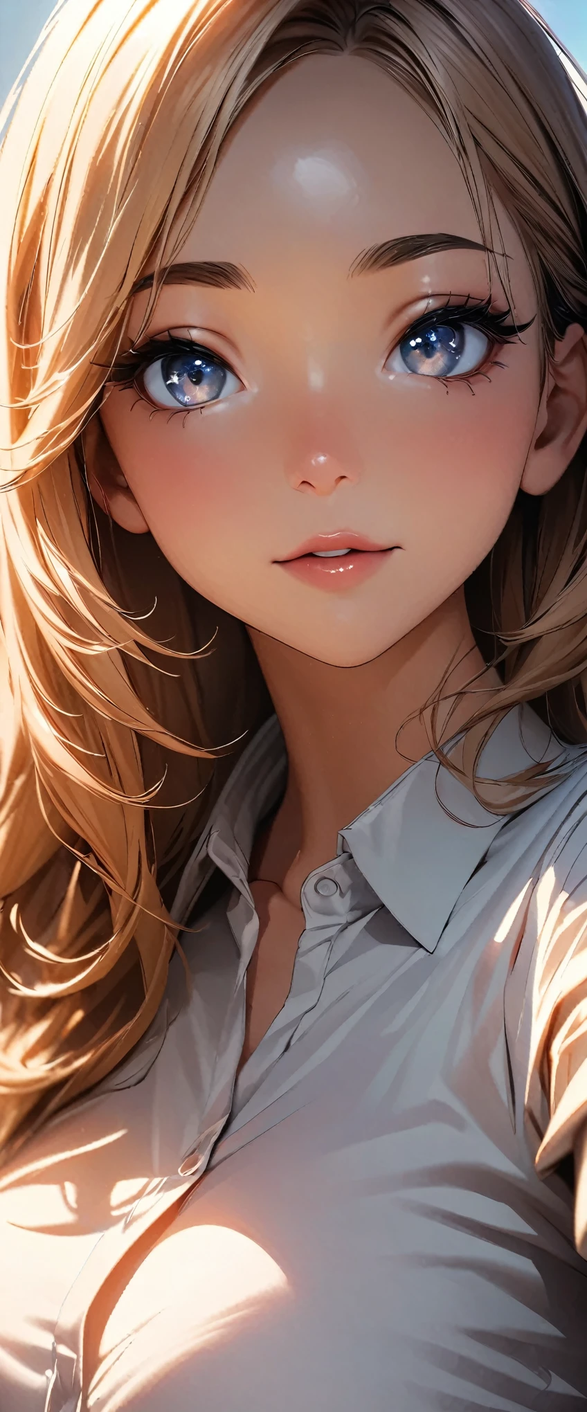 (high quality, 8k, 4K, High Contrast, masterpiece:1.2, 最high quality, Best aesthetics), 1 female, (Realistic skin texture:1.3), (Film Grain:1.3), (Selfie angle, High Angle), One Girl, Beautiful and detailed eyes and face, 最high quality, close, Face Up Shot:1.4,
