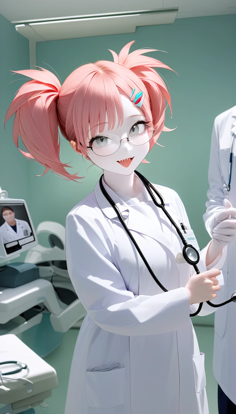 Highest quality、masterpiece、One Girl、22 years old、White skin、Wicked Smile:0.8、Open your mouth、Sharp teeth、Pink Hair。Twin tails、Hair Clip、big hair clip、Cute Hair Clips、Grey Eyes、Small red cheeks and nose、break、美人看護師 holding a Stethoscope in hers hand, with a Stethoscope, doctor, medical doctor, Female doctor, (doctor), Health management worker, Stethoscope, Medical Imaging, Stethoscope!, Medical Photography, Wearing a white coat and glasses, Clean medical environment, Wearing a white coat, doctors mirror, Wearing a white coat, Health management, Marketing Photos
