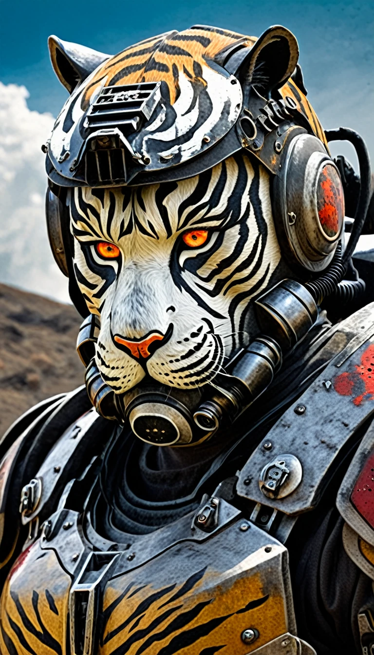 Close-up of a ((tiger warior)) , half human, half beast, their faces partially obscured by military helmets. Their eyes are filled with sadness and longing. The background is a trail of blood and violence. SHe wears a mechanized robot armor, carved with animal elements, human skulls. The sky is filled with swirling, fiery clouds. The photo conveys a strong sense of the warrior's appearance.