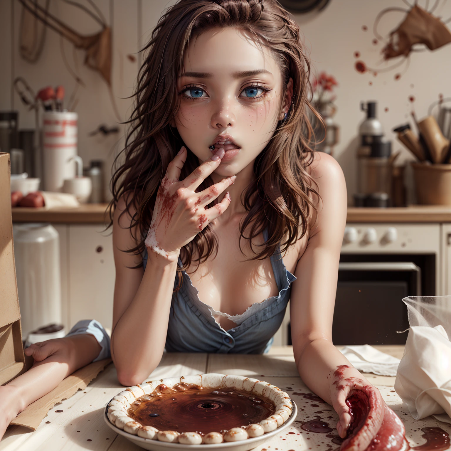 One, blonde girl, one eyed, brown eye, scared face, horror, despair, wound, blood on the face, looking up, masterpiece, Best quality, dark background, night, ((blue eyes:1.4))