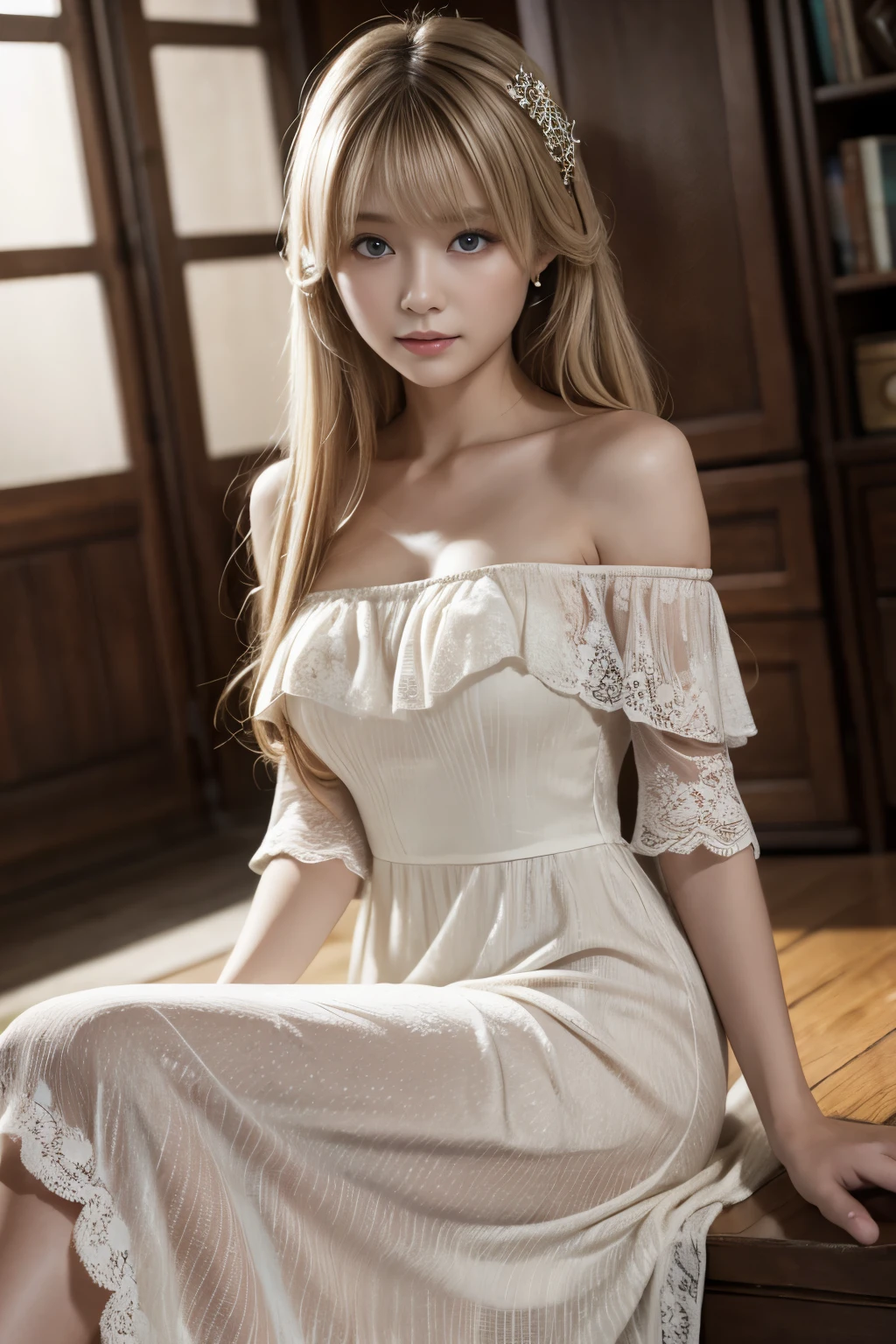 masterpiece, Highest quality, Ultra high definition, Very delicate and beautiful少女,Very delicate and beautiful, Soft skin texture, masterpiece,世界masterpiece劇場, Very detailed, Very detailed, Highest quality, Silky blonde, High resolution, Very detailed,One girl, lace maxi dress,Off the shoulder, Highest quality, Realistic:1.5, View your viewers, material, canvas, oil, Realistic, Portraiture,Genuine, Full body photography,