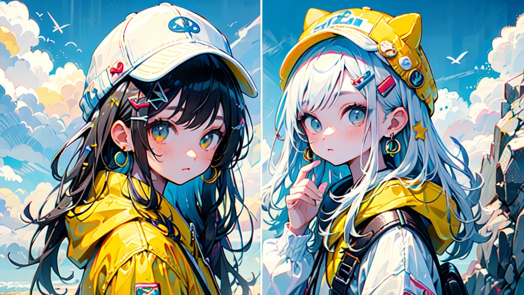 akira toriyama style、"cute, beautiful, Adorable girl in white clothes, yellow, Baby blue color scheme, Fashionable hats, rock、Comes with decorative accessories such as hair clips, beautiful見た目, Floating in the sky, Fantastic depiction, Sky