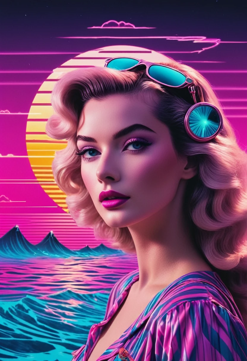 (Vapor wave aesthetics:1.8), Beautiful vaporwave aesthetic in artwork., Veronica Lake, Film Noire, princess Peach humiliating you