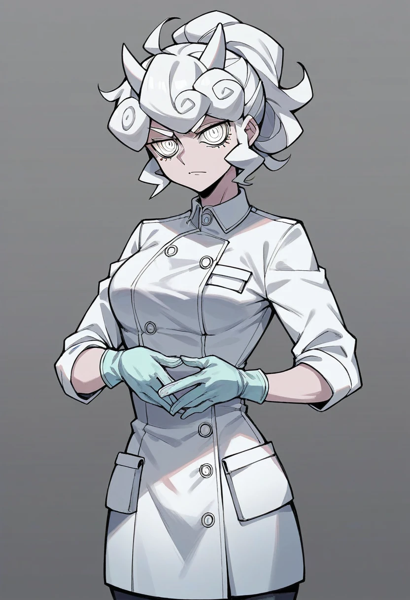 1girl, pandemonica \(helltaker\), ((blue medical gloves)), ((surgical gloves)), ((latex gloves)), ((long sleeves)), looking at viewer, ((white surgeon uniform)), standing, solo