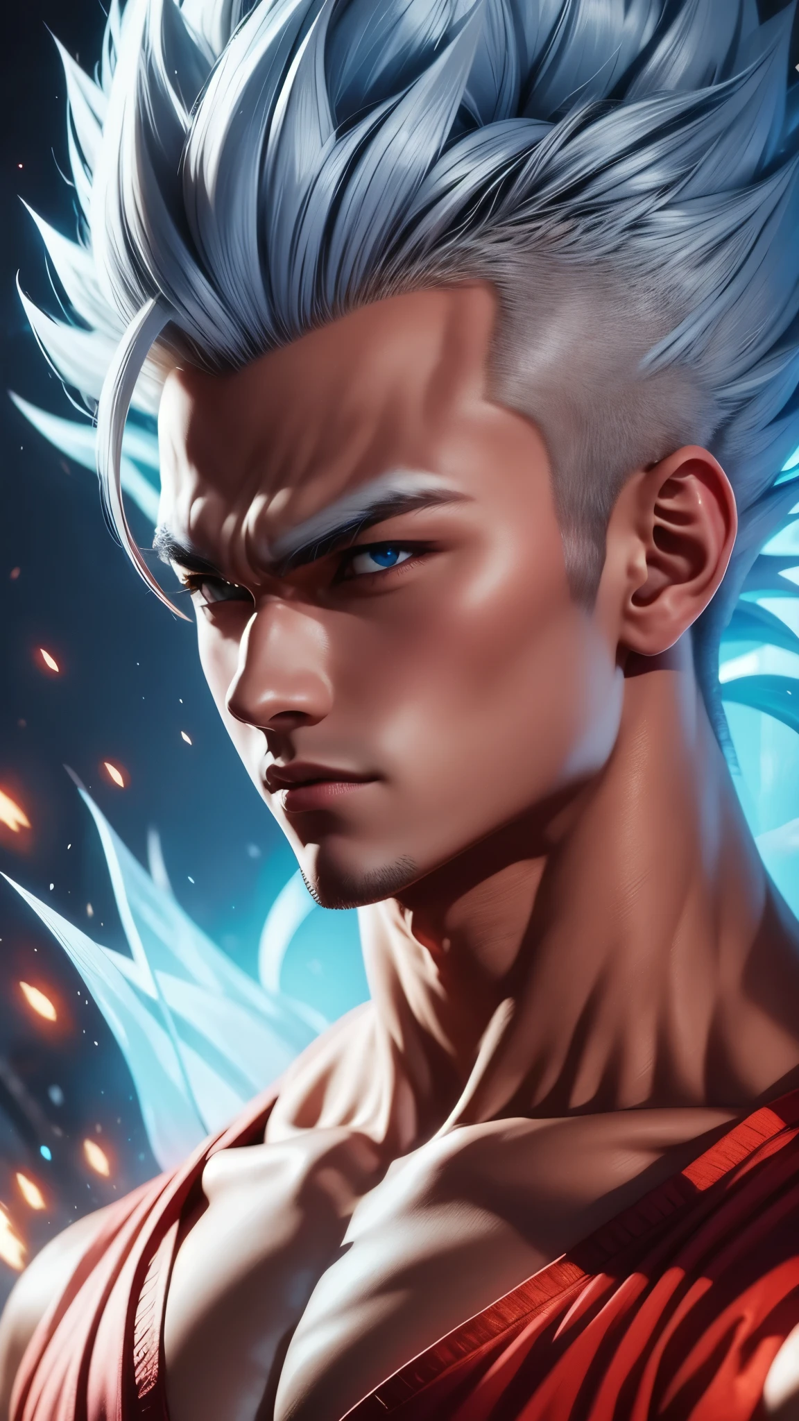 A true masterpiece of masculine beauty. Gohan, super sayagin 5, 20 years old, Wears a martial arts outfit and fights in a haunted and abandoned city, solo. Moonlight accentuates muscles just right. The landscape is lush and mysterious, with a dark city. The camera details everything. When looking at beautiful eyes, attractive blue eyes facing the viewer, one can clearly see every small detail, every perfect line, every detail of beautiful 8K quality skin, everyone is captivated by the beauty. Confidence radiates from every look. His head has white hair and his face is meticulously detailed in 8K quality images. Is a character in the Dragon Ball Seven series.​