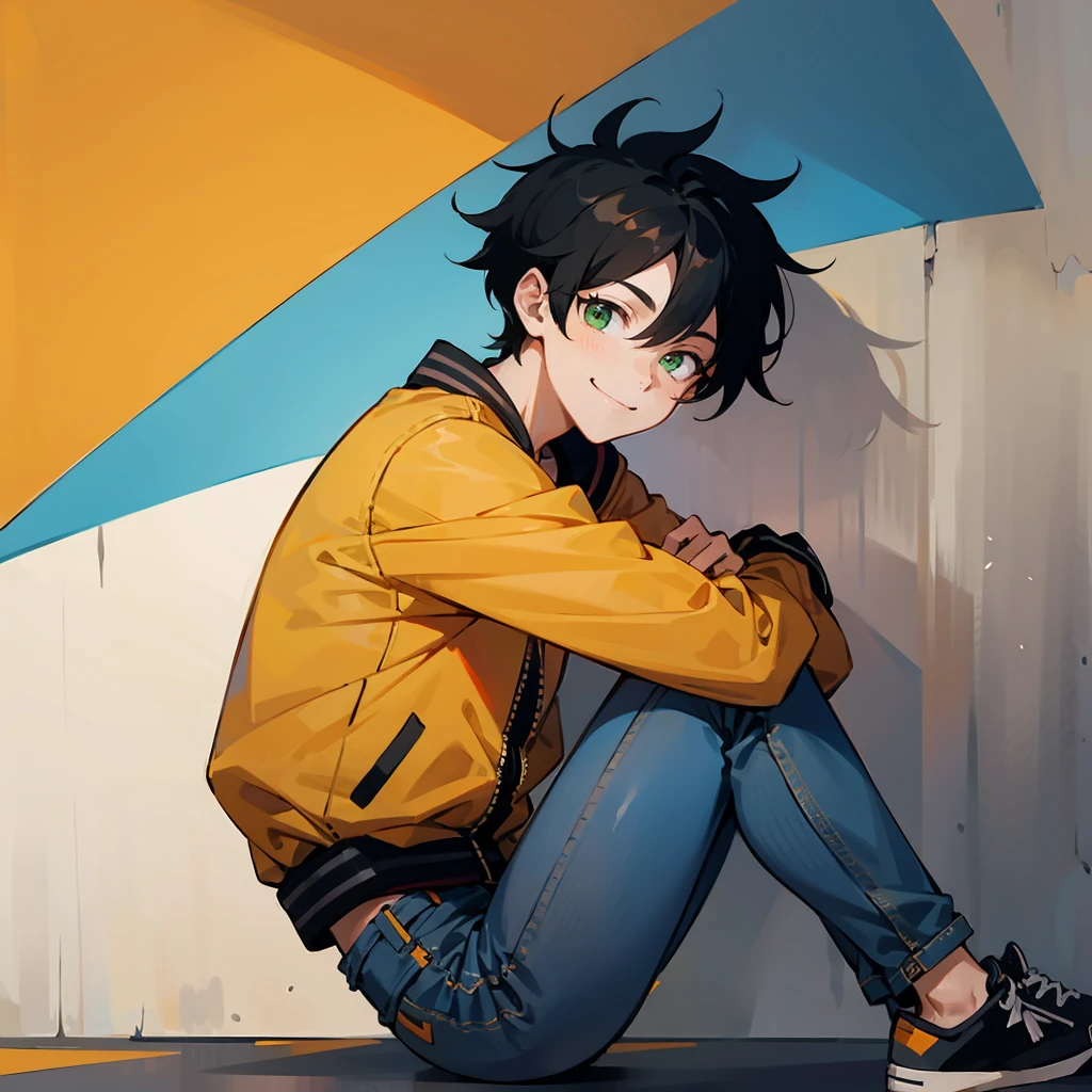 1male, Black Hair, Orange Bomber Jacket, Blue Jeans, Sneakers, Green Eyes, Smiling, Lean, Young Adult, Urban Street, Leaning against a Wall