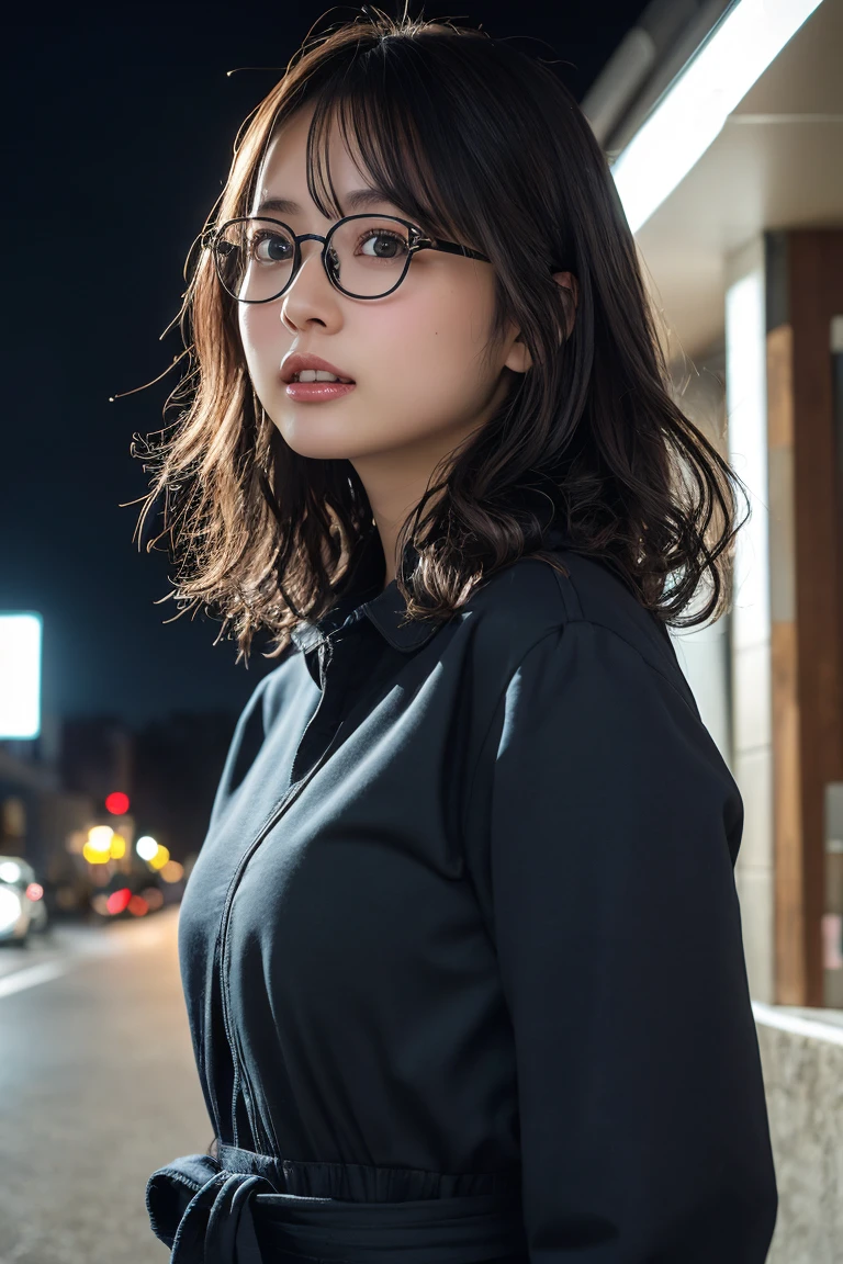 (8k、RAW Photos、Highest quality、masterpiece:1.2)、(Realistic、Photorealistic:1.37)、Ultra-detailed、Ultra-high resolution、1 girl、Seeing the viewer、Beautifully detailed face、Laughter、narrow、(Narrow waist) :1.3)、Chic autumn clothes、Beautifully detailed skin、Skin Texture、Floating Hair、((Curly Hair, Quirky hairstyle, Ahoge))、Professional Lighting、In front of the station at night、((Black square glasses ))、Human whole body、Brown Hair、Clothes color is random