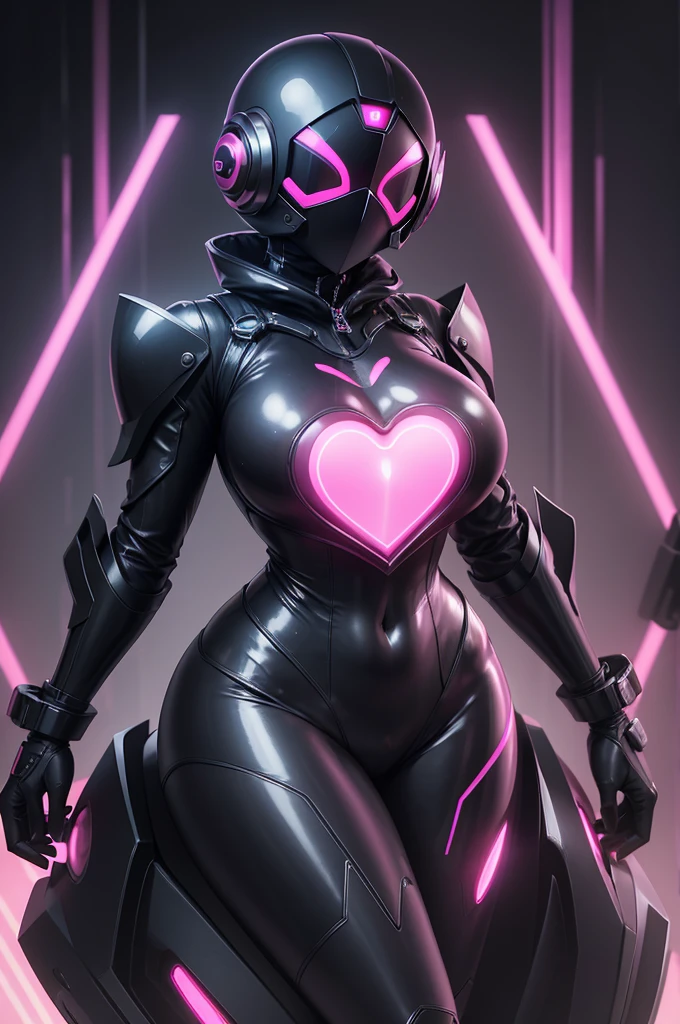 Dronificated unknown woman in a fully enclosed black latex fullbody suit with pink lights across the suit and heart shaped glowing core in the chest, fully enclosed cyber helmet that cover her whole face and hides her identity with only two glowing pink lines in it's otherwise, empty black face, huge breast, narrow waist, wide hips and thick thigs in a storage, no face, no hair, no mouth, no eyes