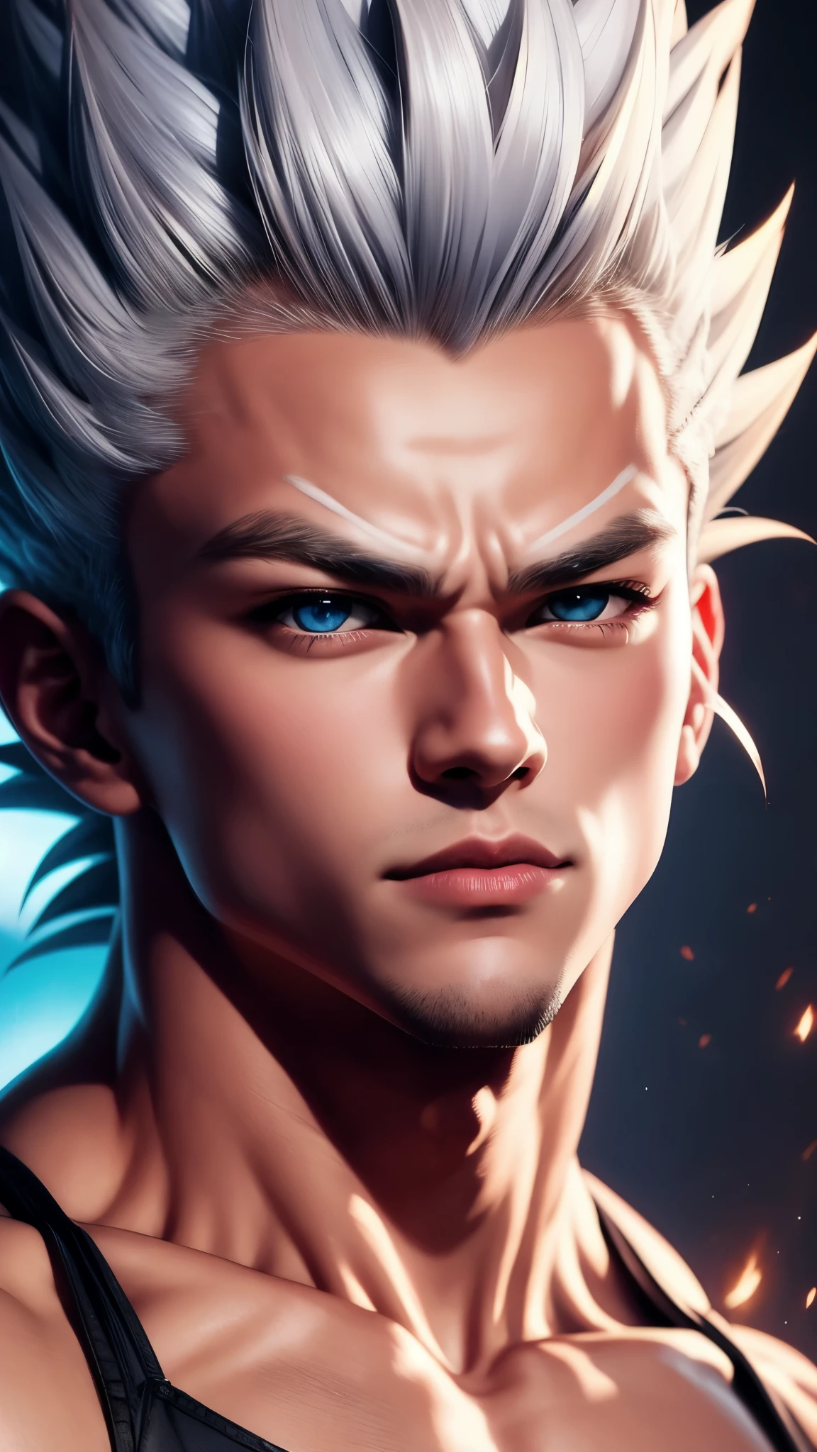 A true masterpiece of masculine beauty. Gohan, super sayagin 5, 20 years old, Wears a martial arts outfit and fights in a haunted and abandoned city, solo. Moonlight accentuates muscles just right. The landscape is lush and mysterious, with a dark city. The camera details everything. When looking at beautiful eyes, attractive blue eyes facing the viewer, one can clearly see every small detail, every perfect line, every detail of beautiful 8K quality skin, everyone is captivated by the beauty. Confidence radiates from every look. His head has white hair and his face is meticulously detailed in 8K quality images. Is a character in the Dragon Ball Seven series.