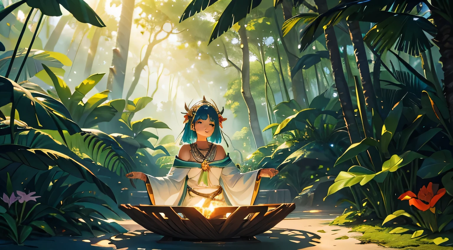 natural scenery:
dense forests: Create a dense rainforest with large, lush trees, covered in vibrant green foliage. Include some exotic-looking trees, with vines and lianas hanging.
Stunning Beaches: In contrast to the forest, add a fine white sand beach, with crystal clear blue waters. Maybe some palm trees and coconut trees to accentuate the tropical environment.
mystical atmosphere:
magical atmosphere: Add a magical touch to your space with a light mist or ethereal glow emanating from the trees and water. Small floating light effects can give an enchanted look.
The Cariris:
Appearance of People: Draw indigenous individuals in traditional clothing and adornments. They may be wearing clothes made from natural fibers, with body paint and accessories such as feathers and necklaces.
Special Activities: Show Cariris engaged in activities that suggest their special abilities, like rituals around a campfire, consultations with a shaman, or the performance of a ceremonial dance.
Cultural and Secret Elements:
objects and symbols: Include cultural and mystical objects, like amulets, totems or artifacts that represent the ancient secrets of the Cariris.
architectural details: Add buildings or structures typical of the time and culture, such as houses made from natural materials or hidden shrines in the forest.
Colors and Lighting:
Paleta de cores: Use a rich, vibrant color palette, with deep forest greens, blue and turquoise sea, and warm sand tones. Gold and silver touches can accentuate the magical aspect.