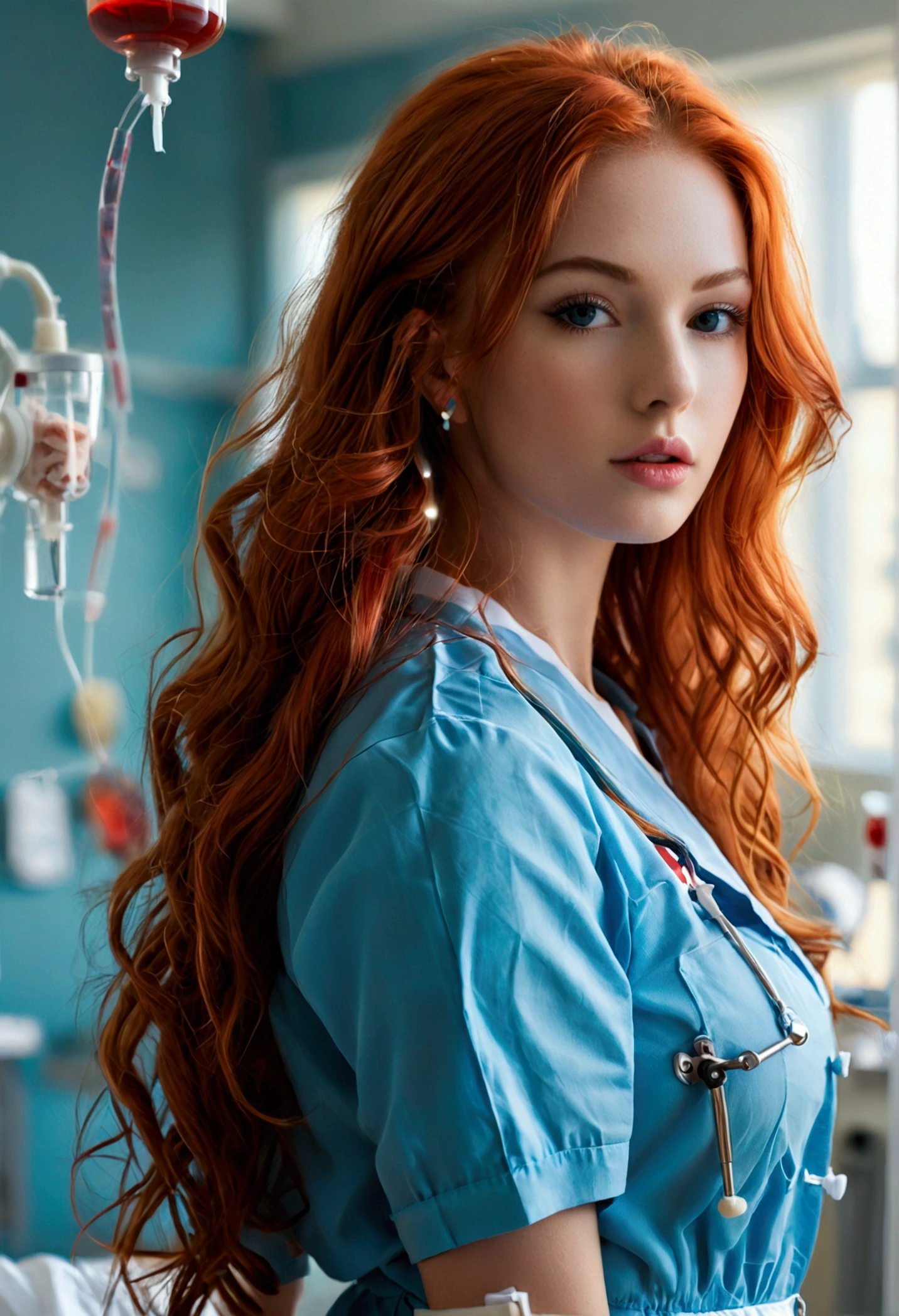ultra realistic, photography, long red hair, girl, 24 years old, hourglass figure, perfect body, long legs, Flirty look, blur background, in a hospital background, nurse costume, syringe