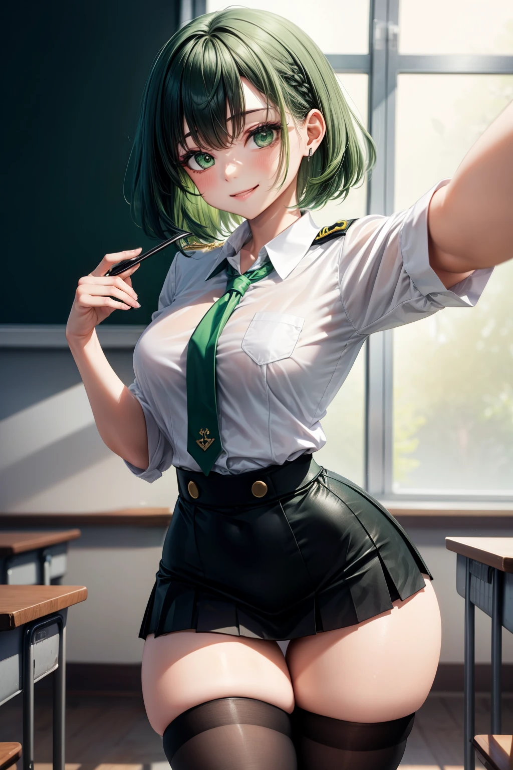 selfie, hair behind ear, makeup, light green hair, green hair, black hair, green and black gradient hair, short hair, straight hair, bangs, green eyes, smile, (small breasts:0.7), white collared shirt, white shirt, buttoned shirt, green tie, black skirt, short skirt, thigh highs, black thigh highs, classroom, thick thighs, wide hips, thigh gap, thin waist, uniform