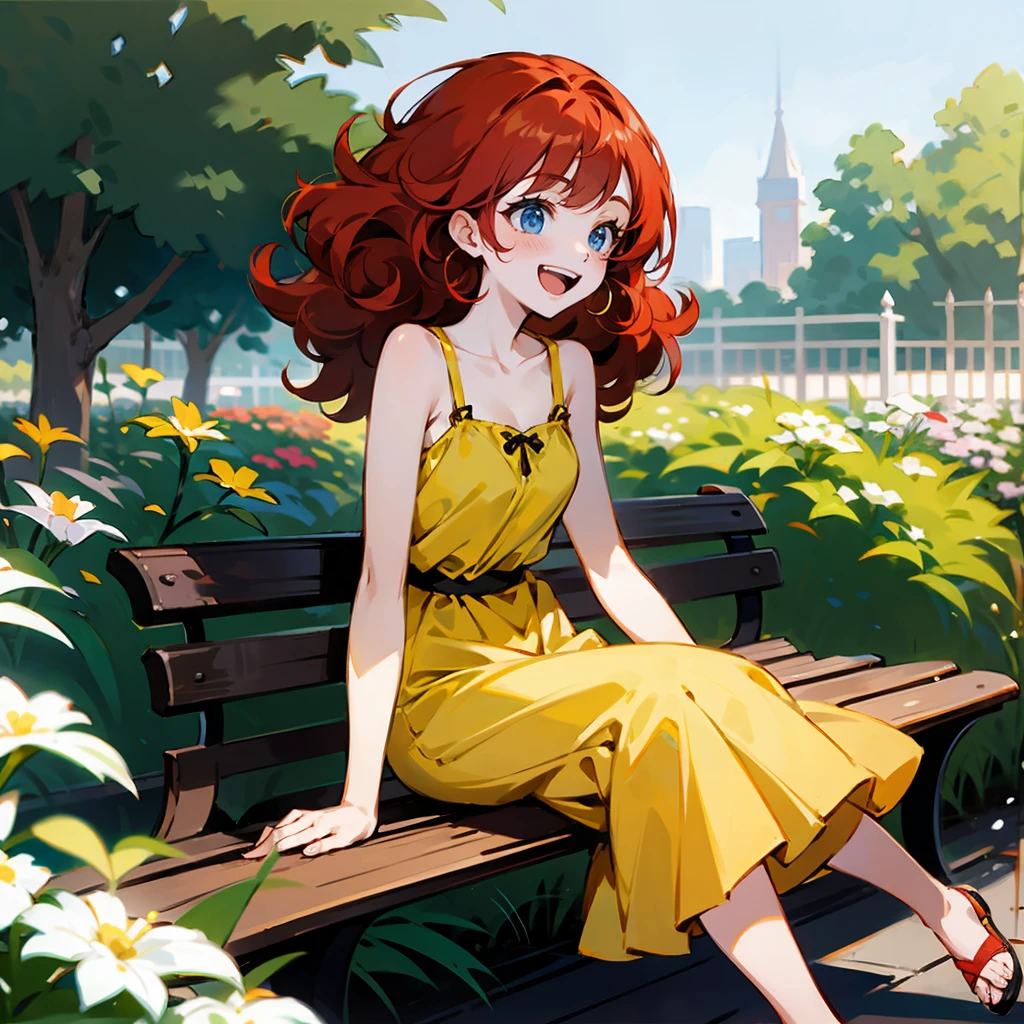 1female, Red Hair, Yellow Sundress, Curly Hair, Red Sandals, Casual Attire, Blue Eyes, Laughing, , Young Adult, Garden, Sitting on a Bench