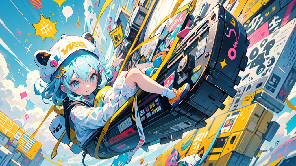 akira toriyama style、"cute, beautiful, Adorable girl in white clothes, yellow, Baby blue color scheme, Fashionable hats, rock、Comes with decorative accessories such as hair clips, beautiful見た目, Floating in the sky, Fantastic depiction, Floating in the air, Full body description
