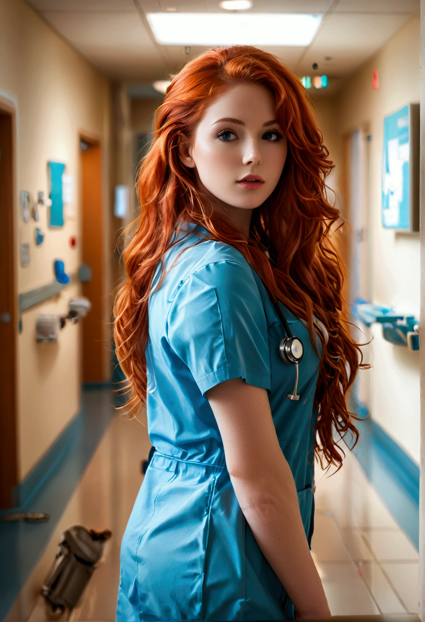 ultra realistic, photography, long red hair, girl, 24 years old, hourglass figure, perfect body, natural medium breasts, Flirty look, extremely detailed artgerm, in the style artgerm, facing the camera, lens 35 mm, blur background, standing in a hospital hallway, nurse outfit, chart in her hands