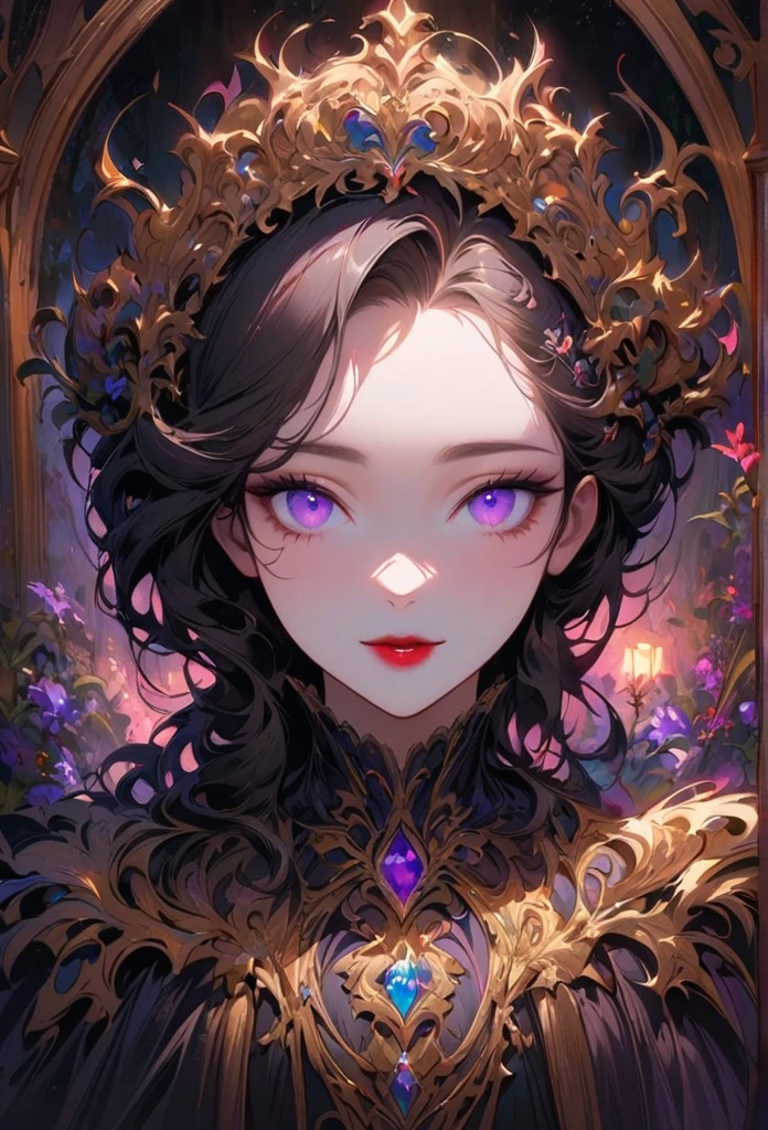 anime,Beautiful attention to detail,Beautiful lip detail,Highly detailed eyes and face,Long eyelashes,colorful,Vibrant colors,Portraiture,landscape,Horror,Studio Lighting,Sharp focus,Physically Based Rendering,Very detailed explanation,Professional,Bokeh,High resolution,超High resolution,Ultra-fine painting,Concept Artist,Gothic,Beautiful Witch,Dark atmosphere,Vibrant colors,Soft lighting,magical plants,Flowing Lavender,anime-style characters,Mysterious Shadow,Exquisite detail,Vintage furniture,Luxurious texture,Eye-catching composition,Romantic atmosphere、Illustration of a woman holding a wine glass。The woman smiles kindly、She has long hair and stylish clothes。The glass is clear and elegant.、There is a red lipstick kiss mark on the edge。背景はSoft lightingで温かく招待的な雰囲気を作り出しています。