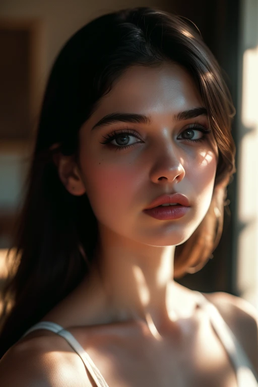(((ultra realistic))) Photo, masterpiece, top quality, (pale skin), (Ultra detailed face and eyes:1.3), 1 girl(Indian beautiful girl), , round neck a shirt, (Eye makeup, mascara) , (( detailed lips)), ((ash wavy long hair)), ((Chyolka)) , . ((Posing)), photoshoot, studio (soft lighting), (The play of light and shadows), depth of field, bokeh, (special attention to skin detail: 1.2), Detailed leather texture, skin pores. (Airy atmosphere of the frame. Color range - delicate, Bright, white, Pink tones), UDR, ((Film grain)), ((rays)), ((glare of the sun)), ((waist up portrait, close to the camera)) , ultra detialed,