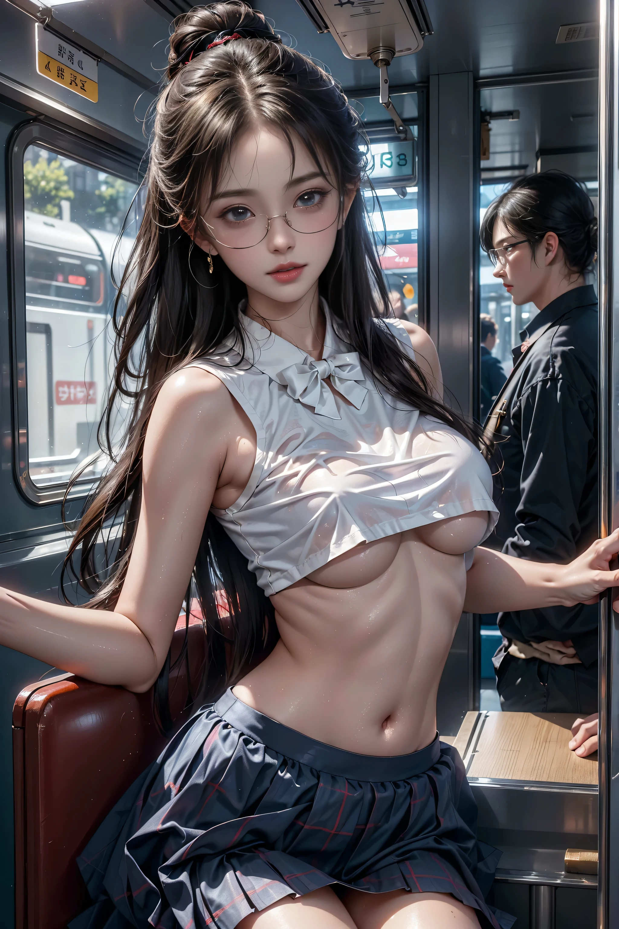 （Girl sitting on train seat）、Highest quality works、Actual work、Ultra Premium Graphics、8K HD CG Works、High quality graphics、High-definition CG works、10x pixels、Extremely fine detail：1.1、Advanced technical details：1.1 Photorealistic、Indoor Lighting Effects：1.5、Natural light：1.5。Lighting Effects（Virtual Lighting Effects：1.8），Long silver hair，Thin eyebrows，High nose，Clean red lips，Rose Cheeks，Subtle makeup face，Cute Face，Perfectly balanced face，（Girl），A light-toned foundation enhances the clarity of your skin.。 ((High school girl at the train door)),((Translucent wet white blouse、Red bow tie、Navy blue checked skirt)). 40k, photograph, Tabletop, Highest quality, Rain Background, ((Gorgeous wet light haired girl with beautiful eyes1 person, She has a beautiful face and))、((Wear glasses ))。White skin, Mr.々A pose. ((Medium sized chest,:1.1)), Highest quality, Tabletop, Ultra-high resolution, (Real:1.4), RAWphotograph, (Perfect figure), (slim:1.3), Slim abdomen, Perfect slim figure, Dynamic Pose, (((Large :0. 9))、one person、Cold light 12000K、Highly detailed face and skin texture、Fine grain、Realistic eyes、Beautiful fine grain、(Real skin)、charm、Ultra-high resolution、surreal、Very detailed、((Soaking wet))、1 girl、(Light on face and chest)、(((((underboob)))))、Lower chest、Oily skin、Are thin、(The underside of the chest is slightly visible)、(I can see under my chest、Belly button and ribs visible)、The hips and lower abdomen are visible、(Pull up your skirt)、(White panties are visible)、