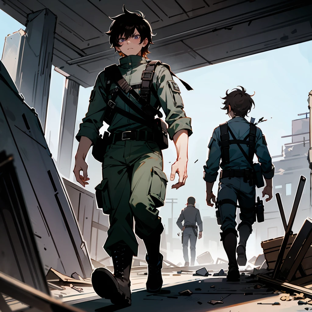 1male, Brown Hair, Black Tactical Gear, Messy Hair, Grey Cargo Pants, Combat Boots, Purple Eyes, Angry Expression, Tall, Adult, Ruins, Walking through Debris