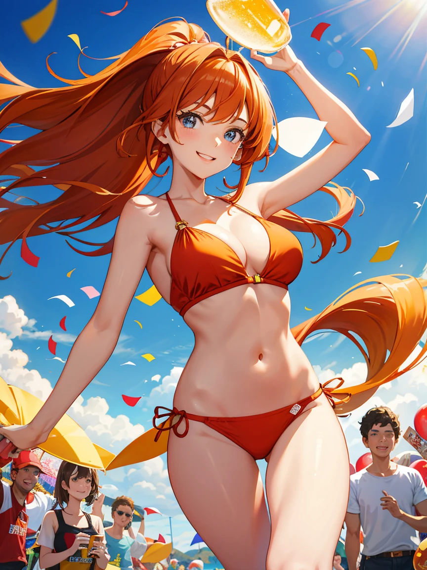 Beautiful young woman, with a radiant smile and gleaming eyes, long, wavy orange hair tied back with a hairband, wearing a red bikini top with white straps and matching bottoms, left hand holding a lottery ticket displaying a large winning amount, right hand held up to cheer with a beer glass filled with golden foam, surrounded by a lively and joyful atmosphere with confetti and balloons flying around, ultra-detailed, highres, 4K, HDR, post-Impressionist, oil painting style, soft lighting, warm tones.